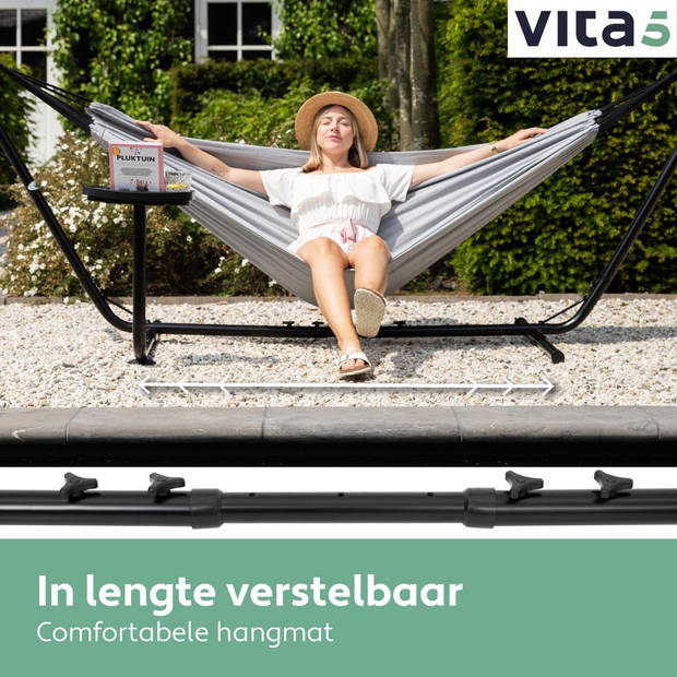Vita5 Hangmat met Standaard 2 Persoons - Incl. Bekerhouder - Draaggewicht 205 kg - Grijs - Verstelbare Lengte