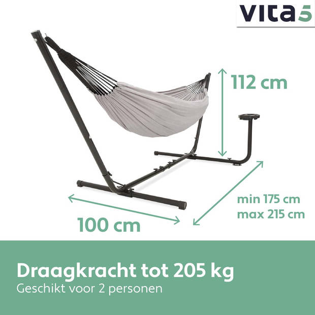 Vita5 Hangmat met Standaard 2 Persoons - Incl. Bekerhouder - Draaggewicht 205 kg - Grijs - Verstelbare Lengte