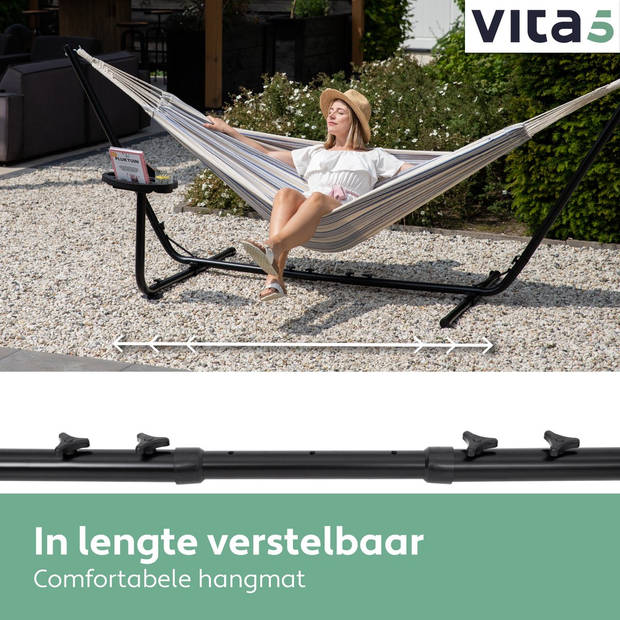 Vita5 Hangmat met Standaard – 2 Persoons – Incl. Bekerhouder – 205kg Draaggewicht – Blauw/Wit