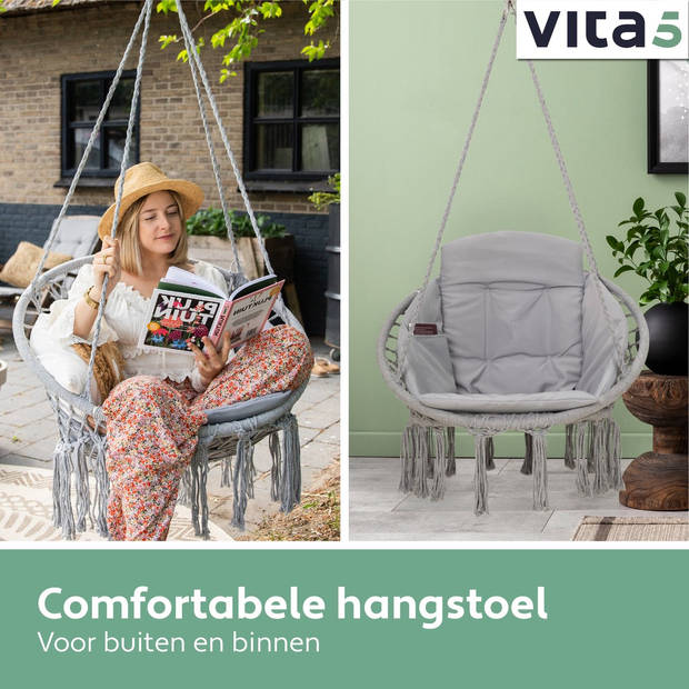 Vita5 Macramé Hangstoel - Voor Binnen en Buiten - Zonder Standaard - Incl. Kussen, Boekenvak en Beschermhoes -