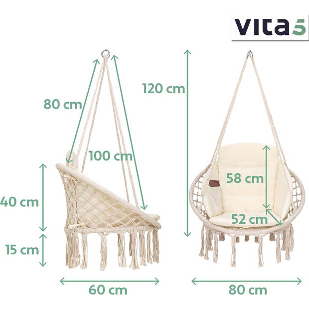 Vita5 Macramé Hangstoel - Voor Binnen en Buiten - Zonder Standaard - Incl. Kussen, Boekenvak en Beschermhoes -