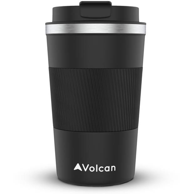 VOLCAN - Koffiebeker To Go met Sleeve - Thermosbeker - Lekvrij, RVS & Dubbelwandig Koffie Beker - 355ml - Zwart