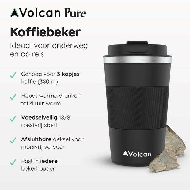 VOLCAN - Koffiebeker To Go met Sleeve - Thermosbeker - Lekvrij, RVS & Dubbelwandig Koffie Beker - 355ml - Zwart