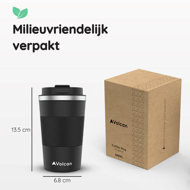 VOLCAN - Koffiebeker To Go met Sleeve - Thermosbeker - Lekvrij, RVS & Dubbelwandig Koffie Beker - 355ml - Zwart