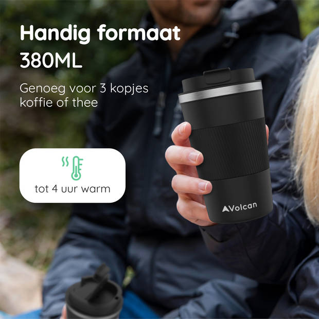 VOLCAN - Koffiebeker To Go met Sleeve - Thermosbeker - Lekvrij, RVS & Dubbelwandig Koffie Beker - 355ml - Zwart