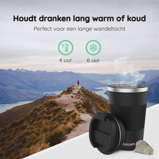 VOLCAN - Koffiebeker To Go met Sleeve - Thermosbeker - Lekvrij, RVS & Dubbelwandig Koffie Beker - 355ml - Zwart