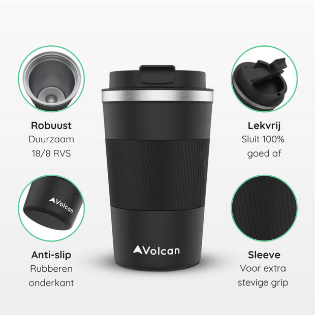 VOLCAN - Koffiebeker To Go met Sleeve - Thermosbeker - Lekvrij, RVS & Dubbelwandig Koffie Beker - 355ml - Zwart