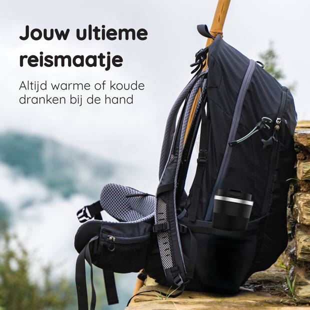 VOLCAN - Koffiebeker To Go met Sleeve - Thermosbeker - Lekvrij, RVS & Dubbelwandig Koffie Beker - 355ml - Zwart