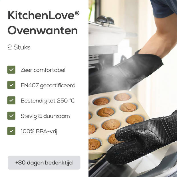 KitchenLove Siliconen Ovenwanten - 2 Stuks - Ovenhandschoenen - Hittebestendig tot 250 °C - Zwart
