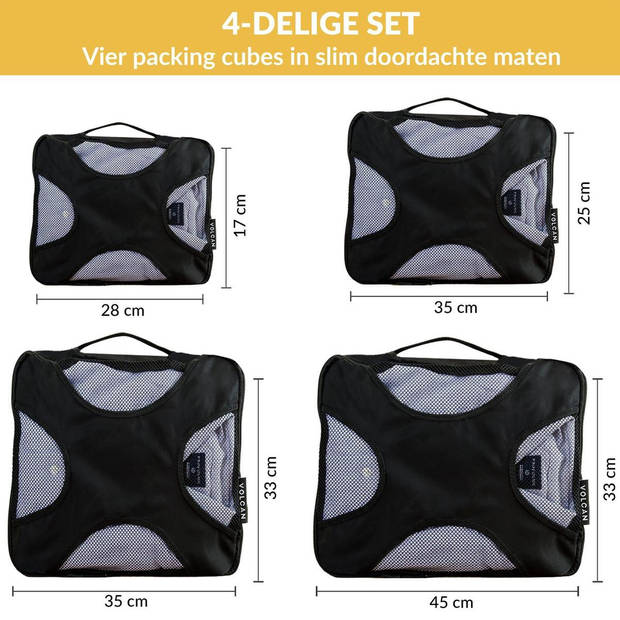 Volcan Packing Cubes - Koffer Organizer Set - 4 Delige Set - Voor Koffer en Backpack - Zwart