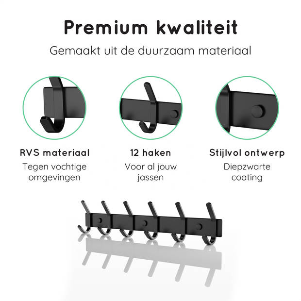 VOLCAN - RVS Wandkapstok Industrieel - Hangend - Moderne Look - 12 Hangers - 3M Tape - Zwart