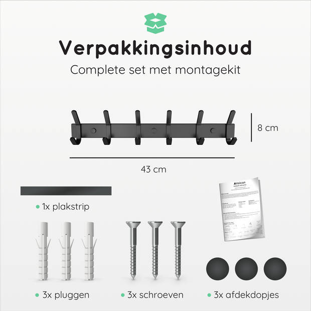 VOLCAN - RVS Wandkapstok Industrieel - Hangend - Moderne Look - 12 Hangers - 3M Tape - Zwart