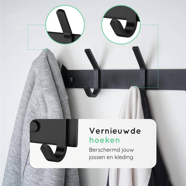 VOLCAN - RVS Wandkapstok Industrieel - Hangend - Moderne Look - 12 Hangers - 3M Tape - Zwart