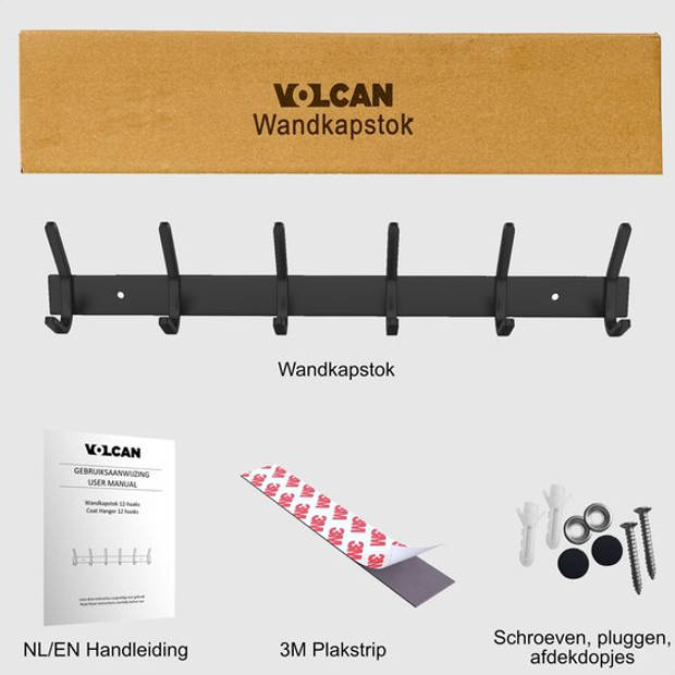VOLCAN - RVS Wandkapstok Industrieel - Hangend - Moderne Look - 12 Hangers - 3M Tape - Zwart