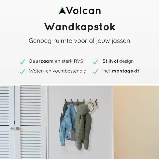 VOLCAN - RVS Wandkapstok Industrieel - Hangend - Moderne Look - 12 Hangers - 3M Tape - Zwart