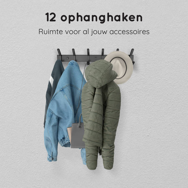 VOLCAN - RVS Wandkapstok Industrieel - Hangend - Moderne Look - 12 Hangers - 3M Tape - Zwart