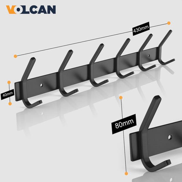 VOLCAN - RVS Wandkapstok Industrieel - Hangend - Moderne Look - 12 Hangers - 3M Tape - Zwart