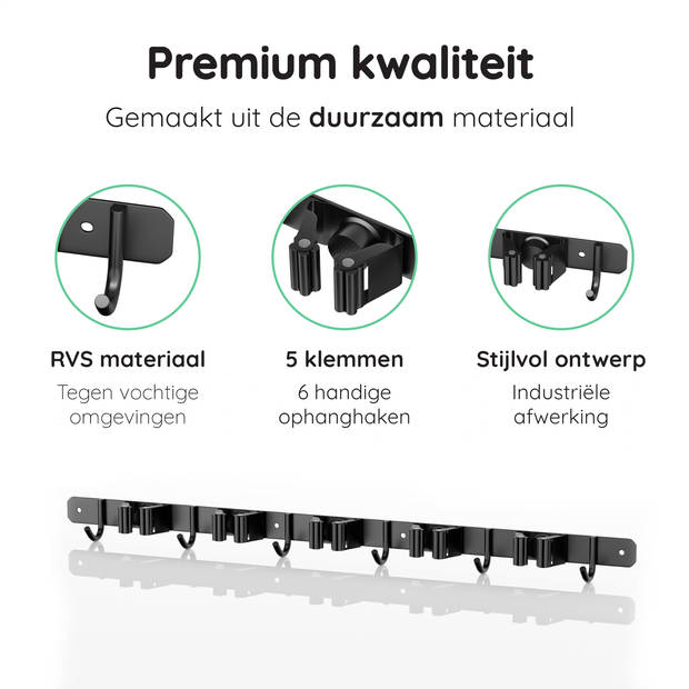 Volcan Bezemhouder - Bezem Ophangsysteem Tuingereedschap - Zelfklevend - 3M Tape - 5 Houders 6 Haken - RVS Zwart