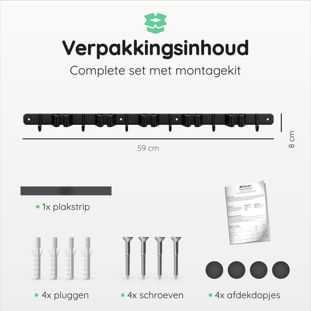 Volcan Bezemhouder - Bezem Ophangsysteem Tuingereedschap - Zelfklevend - 3M Tape - 5 Houders 6 Haken - RVS Zwart