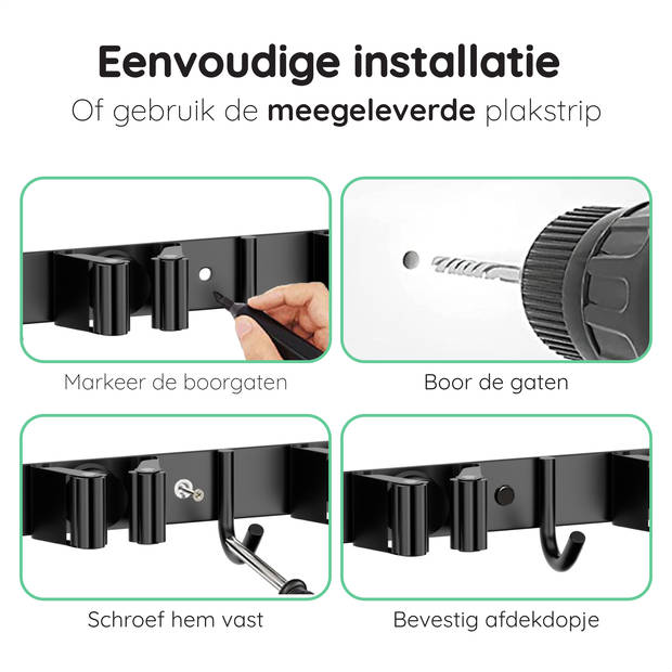 Volcan Bezemhouder - Bezem Ophangsysteem Tuingereedschap - Zelfklevend - 3M Tape - 5 Houders 6 Haken - RVS Zwart