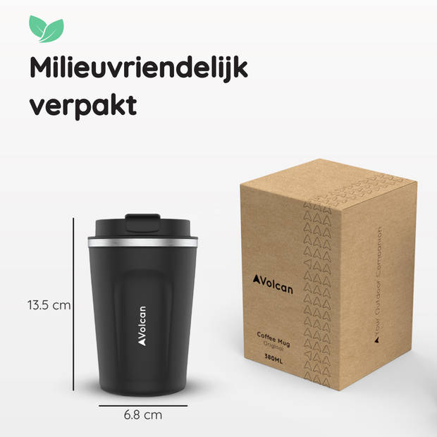 VOLCAN RVS Koffiebeker To Go - 380ml - Thermosbeker - Lekvrij - Dubbelwandig - Koffie Beker - Theebeker - Zwart