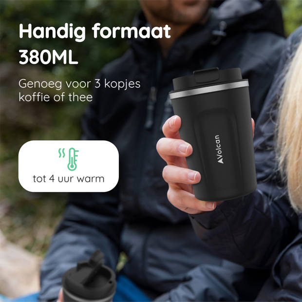 VOLCAN RVS Koffiebeker To Go - 380ml - Thermosbeker - Lekvrij - Dubbelwandig - Koffie Beker - Theebeker - Zwart