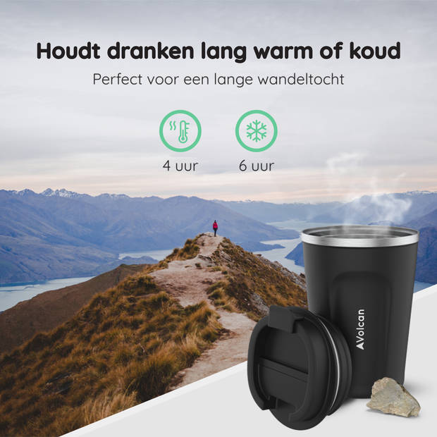 VOLCAN RVS Koffiebeker To Go - 380ml - Thermosbeker - Lekvrij - Dubbelwandig - Koffie Beker - Theebeker - Zwart