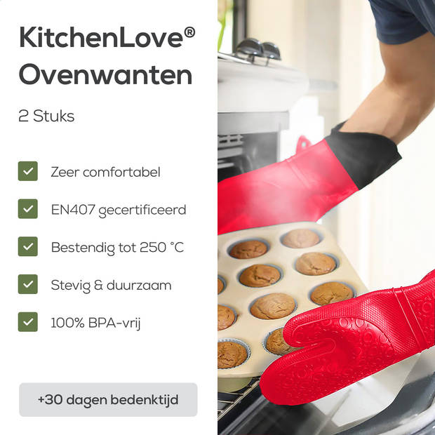 KitchenLove - Ovenwanten - Ovenhandschoenen - BBQ - Koken - Siliconen - Hittebestendig tot 230 °C - Rood - 2 Stuks