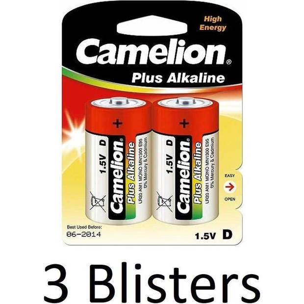 6 Stuks (3 Blisters a 2 st) Camelion Plus Alkaline D Cell Batterij
