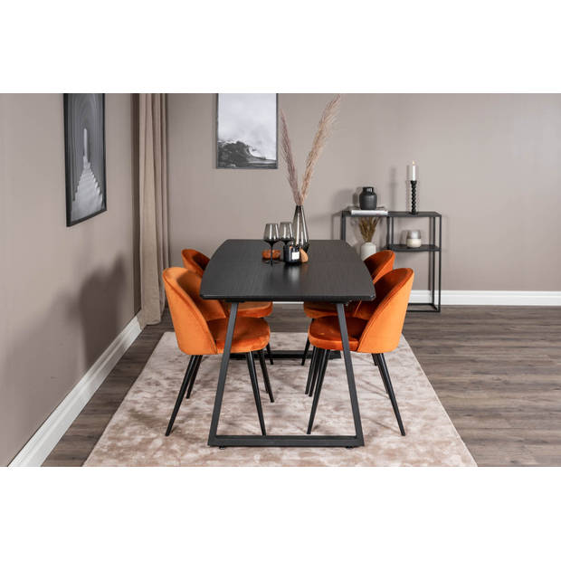 IncaBLBL eethoek eetkamertafel uitschuifbare tafel lengte cm 160 / 200 zwart en 4 Velvet eetkamerstal velours oranje,