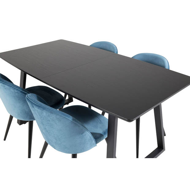 IncaBLBL eethoek eetkamertafel uitschuifbare tafel lengte cm 160 / 200 zwart en 4 Velvet eetkamerstal velours blauw,