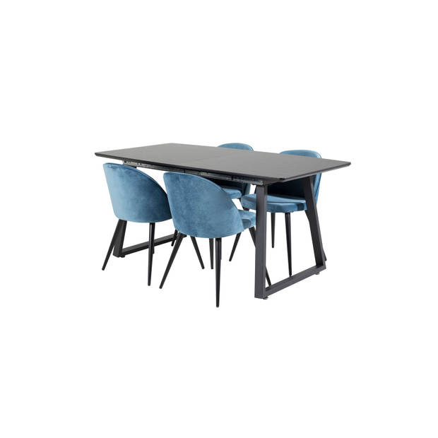 IncaBLBL eethoek eetkamertafel uitschuifbare tafel lengte cm 160 / 200 zwart en 4 Velvet eetkamerstal velours blauw,