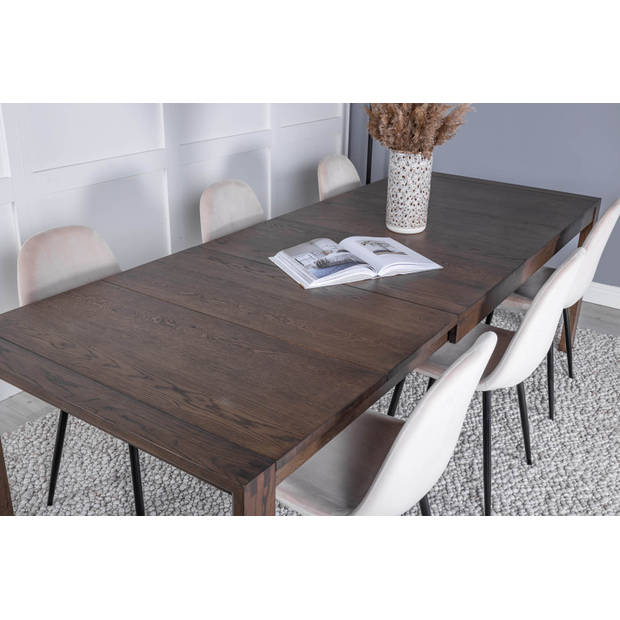 SliderOS eethoek eetkamertafel uitschuifbare tafel lengte cm 170 / 250 rokerig eik en 6 Polar eetkamerstal velours