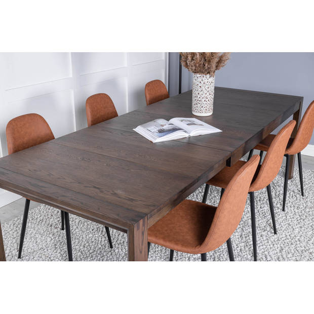 SliderOS eethoek eetkamertafel uitschuifbare tafel lengte cm 170 / 250 rokerig eik en 6 Polar eetkamerstal PU kunstleer