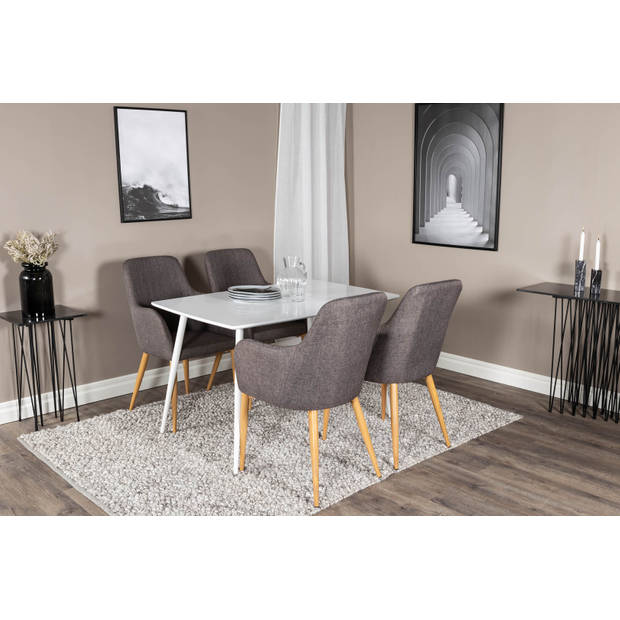 Polar120X80WHWH eethoek eetkamertafel wit en 4 Comfort eetkamerstal grijs, eik decor.