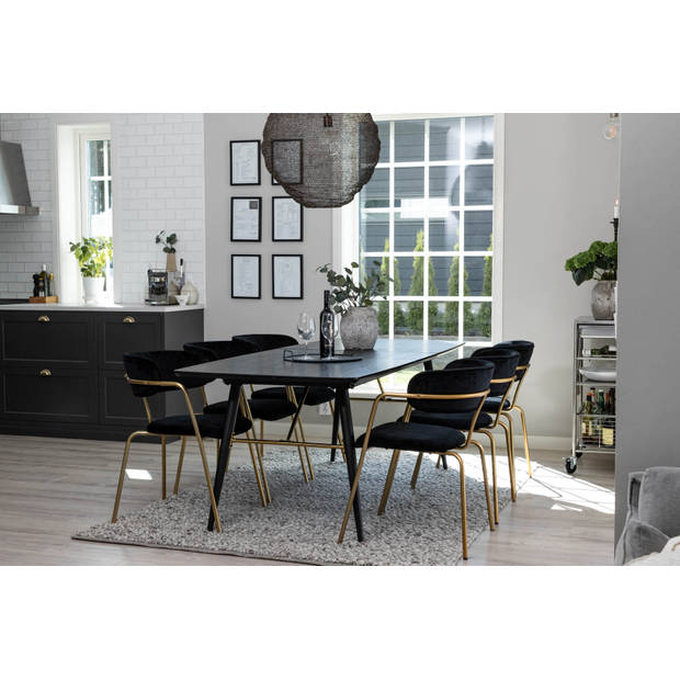 Gold eethoek eetkamertafel uitschuifbare tafel lengte cm 180 / 220 zwart en 6 Arrow eetkamerstal velours zwart.