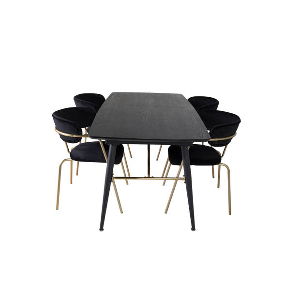 Gold eethoek eetkamertafel uitschuifbare tafel lengte cm 180 / 220 zwart en 4 Arrow eetkamerstal velours zwart.