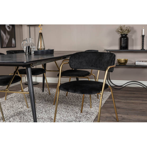 Gold eethoek eetkamertafel uitschuifbare tafel lengte cm 180 / 220 zwart en 4 Arrow eetkamerstal velours zwart.