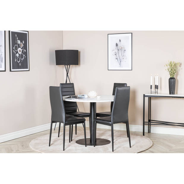 RazziaWH eethoek eetkamertafel terazzo wit en 4 Slim High Back eetkamerstal PU kunstleer zwart.