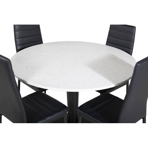 RazziaWH eethoek eetkamertafel terazzo wit en 4 Slim High Back eetkamerstal PU kunstleer zwart.