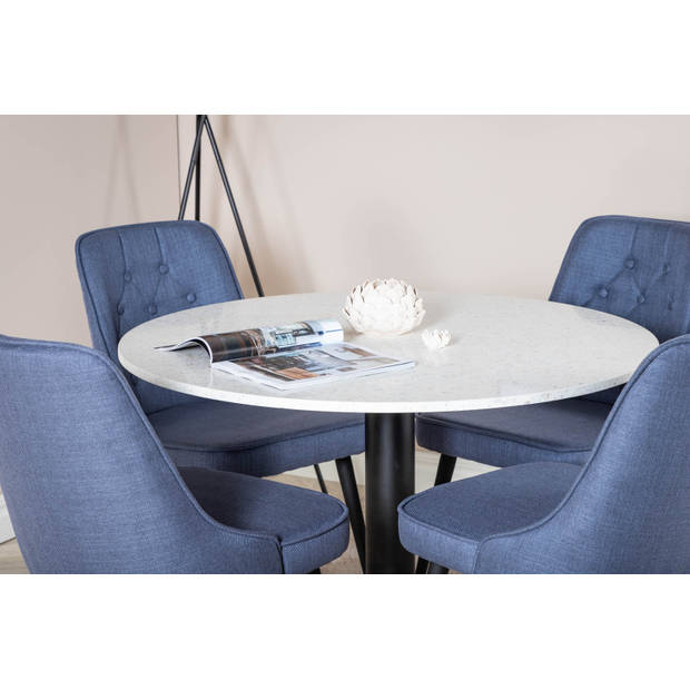 RazziaWH eethoek eetkamertafel terazzo wit en 4 Velvet Deluxe eetkamerstal blauw, zwart.