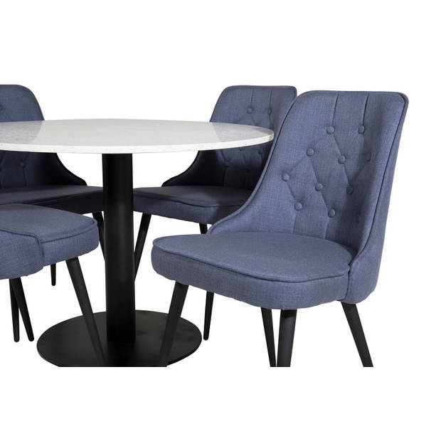 RazziaWH eethoek eetkamertafel terazzo wit en 4 Velvet Deluxe eetkamerstal blauw, zwart.