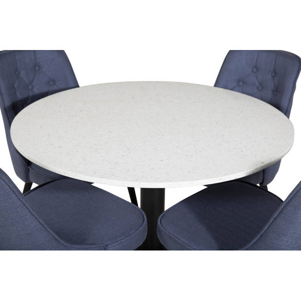 RazziaWH eethoek eetkamertafel terazzo wit en 4 Velvet Deluxe eetkamerstal blauw, zwart.