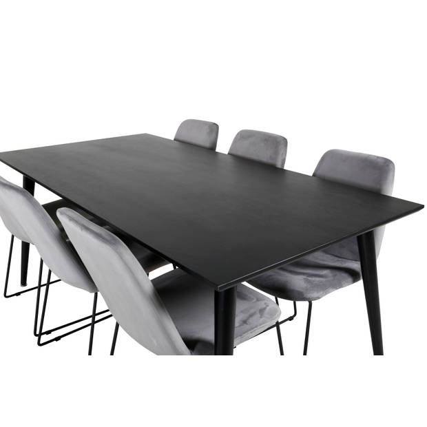 Dipp180x90BLBL eethoek eetkamertafel zwart en 6 Muce eetkamerstal velours grijs.