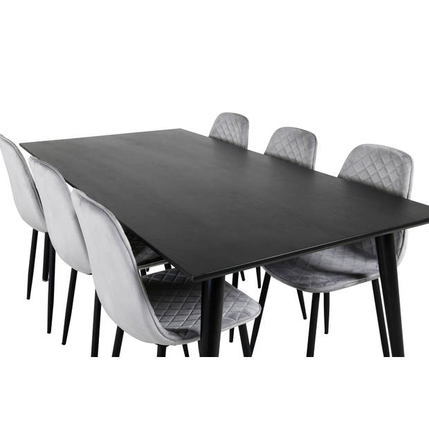 Dipp180x90BLBL eethoek eetkamertafel zwart en 6 Polar Diamond eetkamerstal velours grijs.