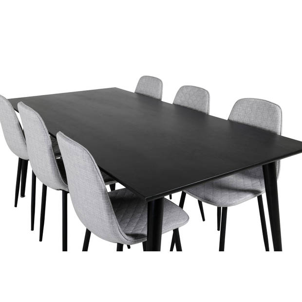 Dipp180x90BLBL eethoek eetkamertafel zwart en 6 Polar Diamond eetkamerstal grijs.