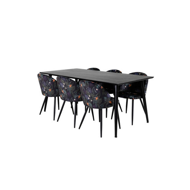 Dipp180x90BLBL eethoek eetkamertafel zwart en 6 Velvet eetkamerstal velours gebloeid.