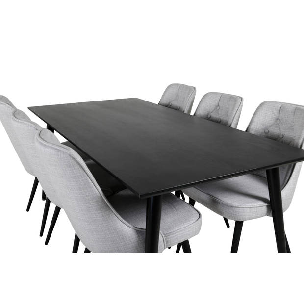 Dipp180x90BLBL eethoek eetkamertafel zwart en 6 Velvet Deluxe eetkamerstal lichtgrijs, zwart.