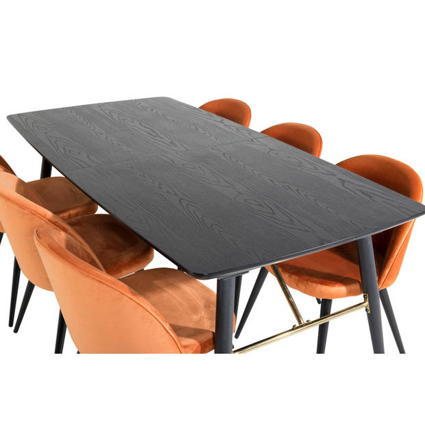 Gold eethoek eetkamertafel uitschuifbare tafel lengte cm 180 / 220 zwart en 4 Velvet eetkamerstal velours oranje, zwart.