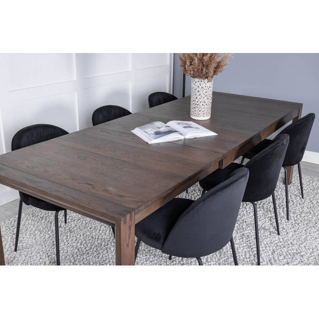 SliderOS eethoek eetkamertafel uitschuifbare tafel lengte cm 170 / 250 rokerig eik en 6 Wrinkles eetkamerstal velours